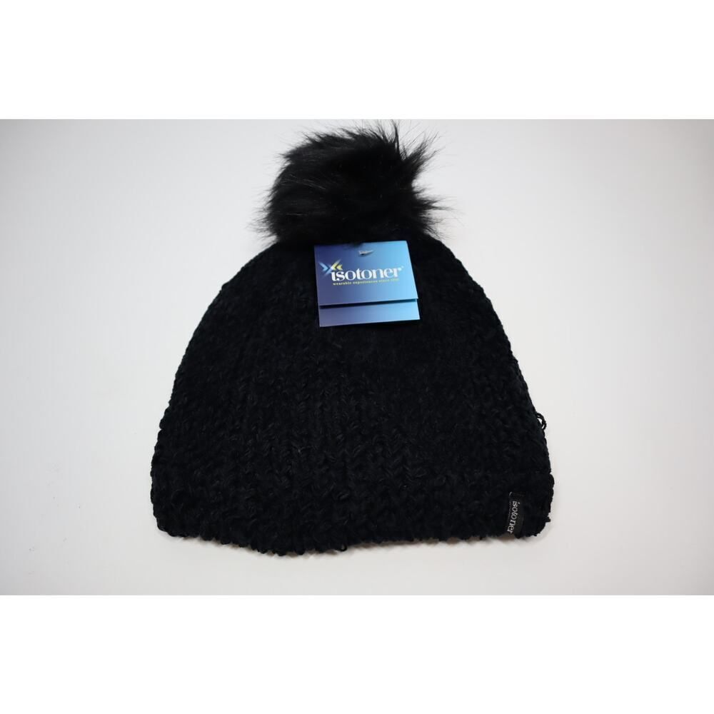 Isotoner Black Cable Knit Faux Fur Beanie One‎ Size